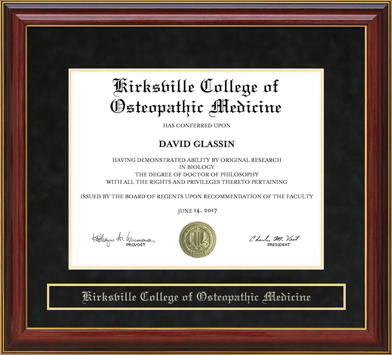 Kirksville College of Osteopathic Medicine (KCOM) Mahogany Diploma ...