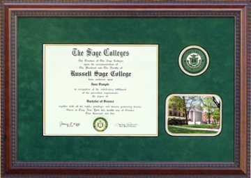 Russell Sage College (RSC) Green Suede Diploma Frame with Campus Photo