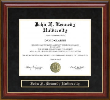 John F. Kennedy University (JFKU) Mahogany Diploma Frame