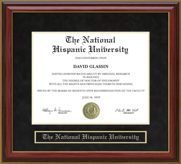 The National Hispanic University (NHU) Mahogany Diploma Frame