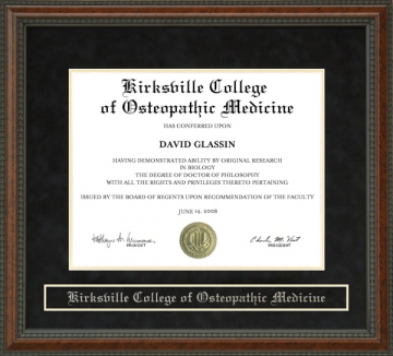 Kirksville College of Osteopathic Medicine (KCOM) Diploma Frame