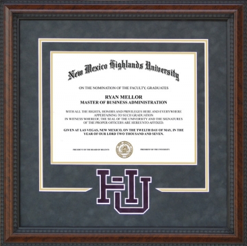 New Mexico Highlands University (NMHU) Burl Diploma Frame with Suede Mat