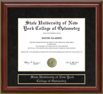 State University of New York College of Optometry Mahogany Diploma Frame