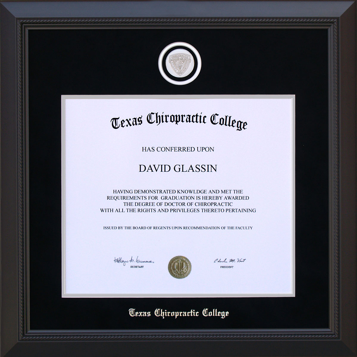 Texas Chiropractic College Diploma Frame with School Medallion by Wordyisms