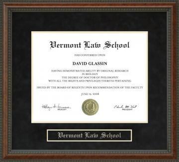 Vermont Law School (VLS) Diploma Frame