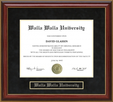 Walla Walla University (WWU) Mahogany Diploma Frame